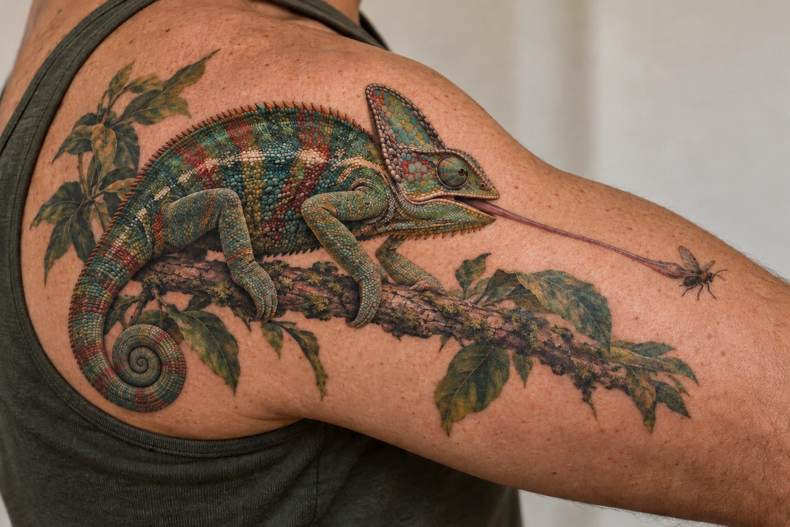 Simulação de tatuagem realista de um camaleão no braço, capturando um inseto com a língua