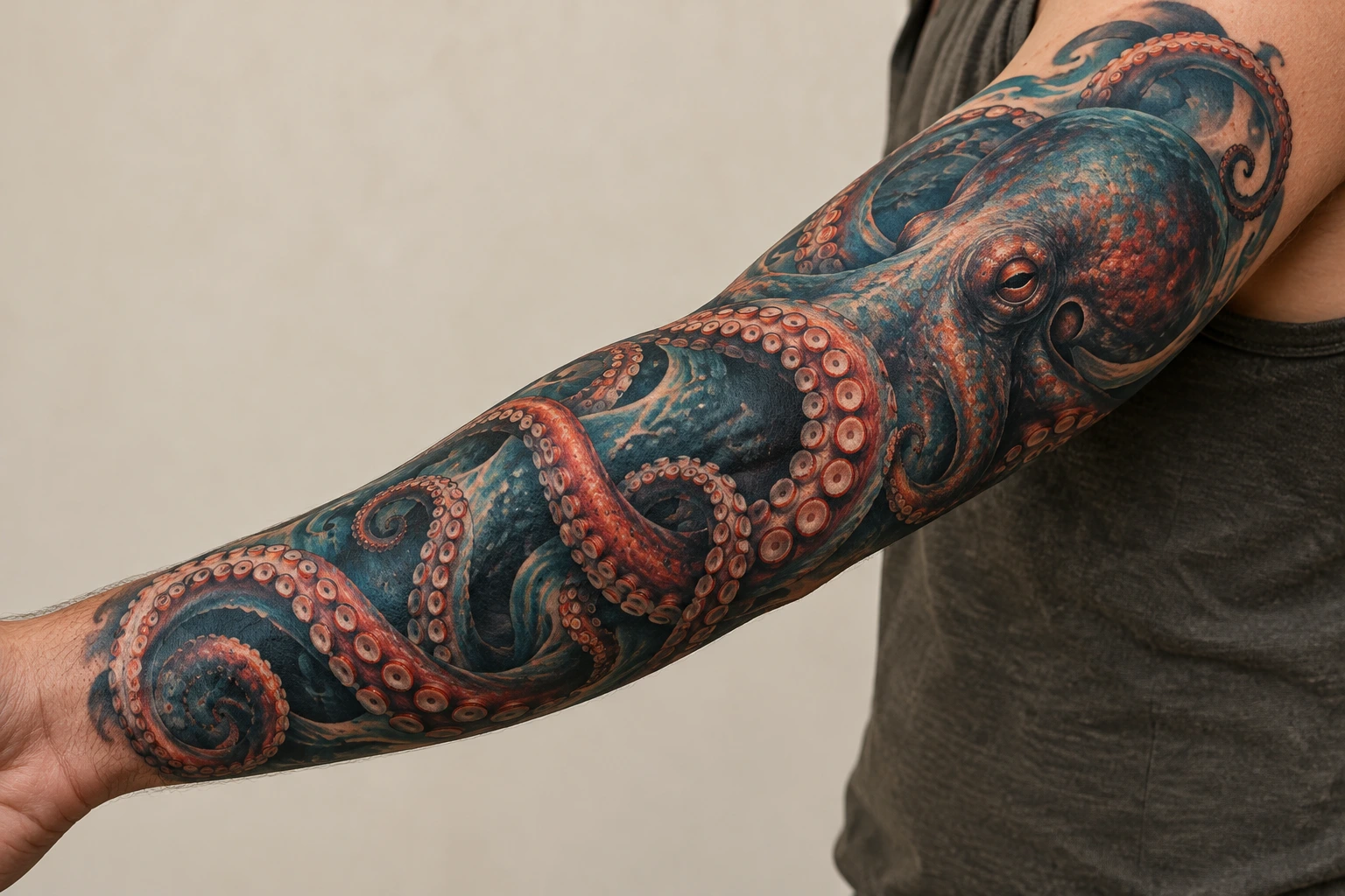 Simulação de tatuagem realista de uma grande polvo azul-petróleo e cobre envolvendo o braço